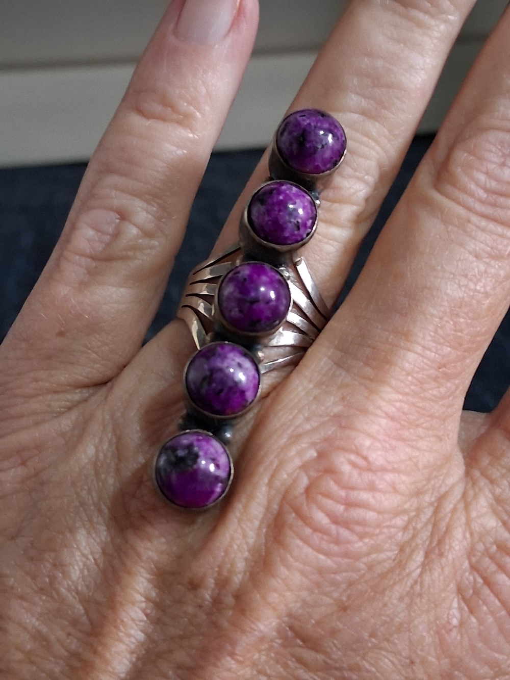 Sterling Silver Long Purple Stone Multi-Bead Statement Ring - Women Jewelry Sz 8 - Picture 6 of 7